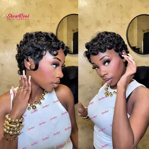 ShowRealHair 025 Pixie Cut Wig Short Bomb Curly Wigs Human Hair Short Curly Pixie Wigs Pixie Cut Layered Wig Short Wigs for Black Women