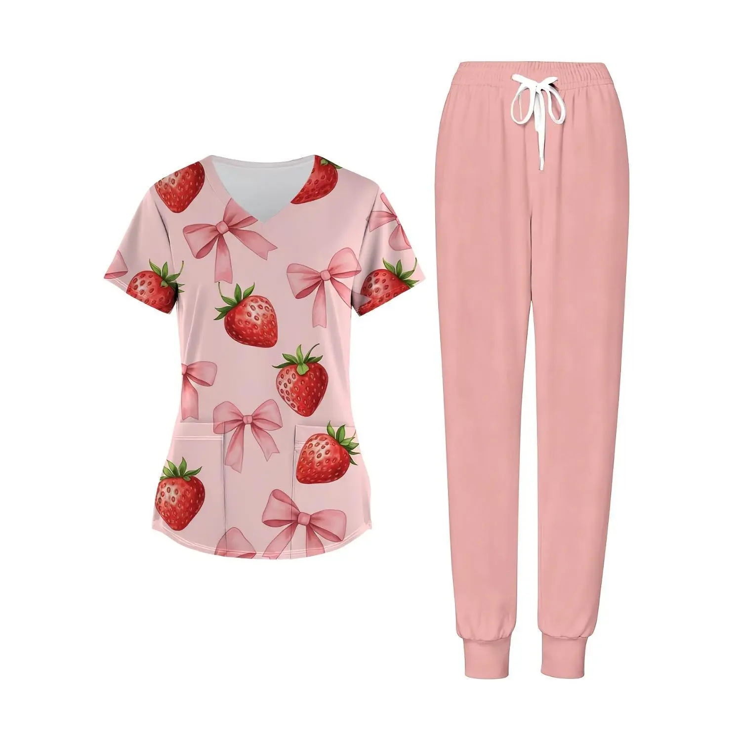 Elegant Women's Strawberry Print 2-Piece Set: V-Neck Short Sleeve Top with Pockets and Pink Bow Pattern - Ideal for Daily Wear, Casual Outings, and Mother's Day - Perfect for Leisure and Sports Wear