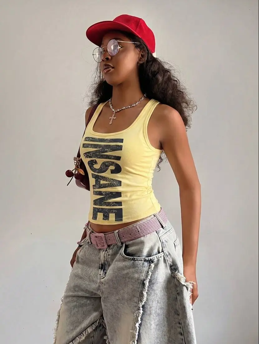 Solara x Fiercella Fiercella Women's Spring/Summer U-Neck White Wasteland Style Print Fitted Comfortable Streetwear Y2K Hot Girl Rock Sexy Tank Top
