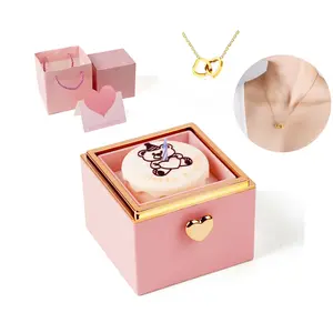 【Valentine's Day gift】 Red Rose Box with Automatic Flip Jewelry Holder & Love Necklace Ideal for Girlfriend Mom Anniversary Present