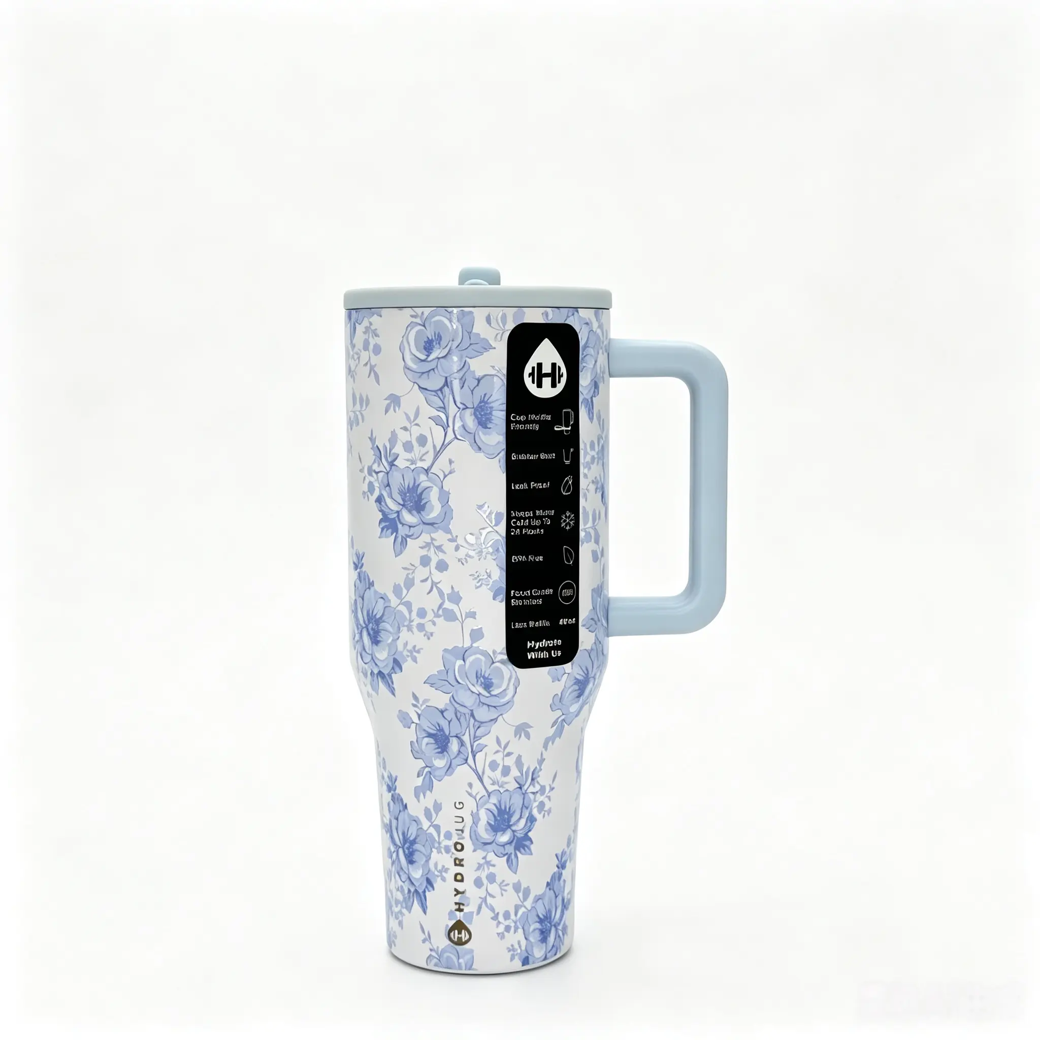 HydroJug 40oz Blue Botanical Rose Insulated Stainless Steel Tumbler - Leak-Proof Drinkware Flask, Travel Cup, Keeps Drinks Cold 24H, Flasks Drinkware Mug Portable Bottles Bottled Water Bottles owala freesip wild silly goose freesip