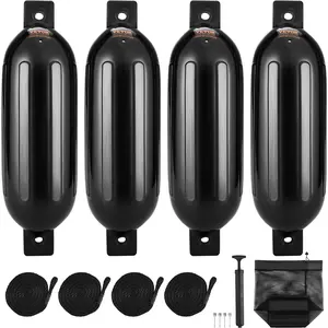 summervibes VEVOR Boat Fenders, 8.5x 26 Boat Bumpers for Docking, Inflatable Ribbed Fender with Center Holes, Marine Boat Dock Fender Bumper with Air Pump, 4 Needles and 4 Ropes and Storage Bag, Black, Dock Bumpers