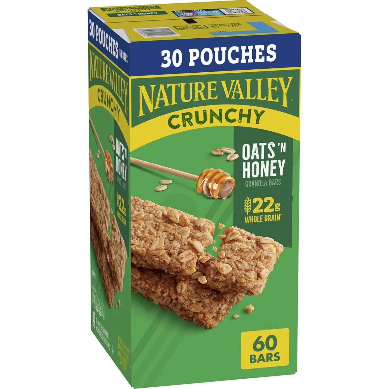 Nature Valley Crunchy Oats N Honey Granola Bars, 60 ct | Whole Grain Oats & Real Honey, 22g Whole Grain per Serving, No Artificial Flavors, Colors, or High Fructose Corn Syrup