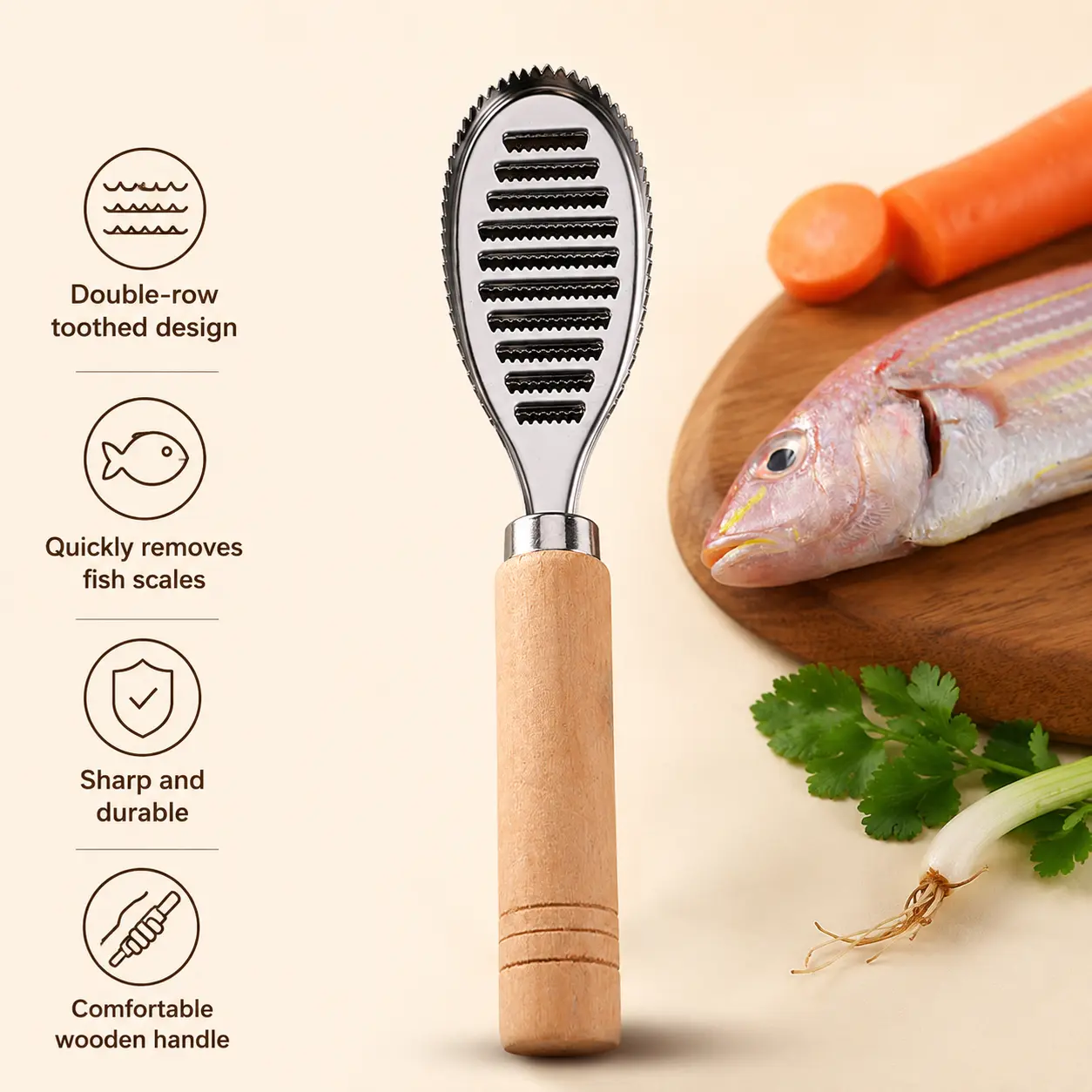 Stainless Steel Fish Scale Remover Utensil - Double-Sided Toothed Scraper with Wooden Handle, 1 Count for Home Kitchen Seafood Scale Processing, Utensils