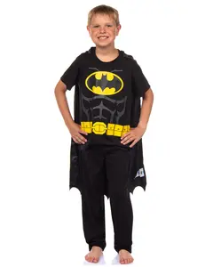 DC Comics Batman Pajamas Boys Short Sleeve Shirt And Pant Set With Detachable Cape PJs
