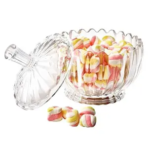 1 Pack Glass Candy Dish with Lid Large, 34 Oz Crystal Decorative Covered Sugar Bowl, Clear Biscuit Barrel Candy Buffet Box Storage Container for Snack, Gift, 6", Vintage Stripe Style