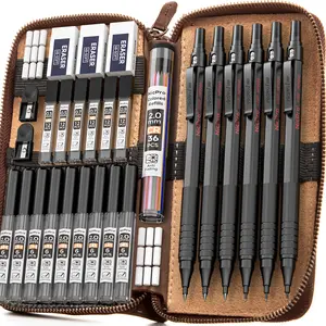 Nicpro 6Pack Black Metal Mechanical Pencils Set in Leather Case, Art Drafting Pencil 0.5, 0.7, 0.9 mm, 2mm Lead Pencil Holders with 16 Tube (6B 4B 2B HB 2H 4H Colors)Lead Refills