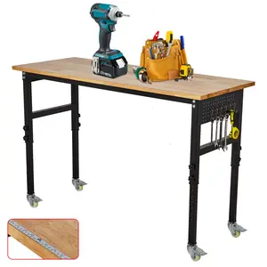 Adjustable Heavy Duty Workbench with Wheels, Pegboard, Hooks, 29.5''-39.4'' Height, Rubber Wood Table, 2000-2200 lbs, Portable Rolling Workstation for Garage, Workshop, Home, Office Adjustable Heavy Duty Workbench with Wheels