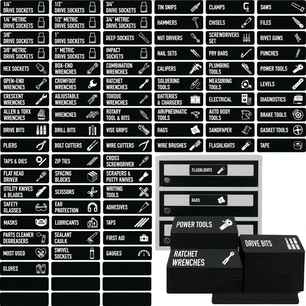 90 PCS Magnetic Tool Chest Drawer Labels, 82 Pre-Printed Tool Tags and 8 Blank Customizable Stickers, Large 3.5" x 1" Strong Magnet Organizer Markers, Clear Easy-to-Read Font Universal Fit for All Brand Steel Tool Box Drawers