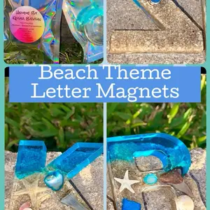 A-Z Beach Theme Letter MAGNETS with Sand Shells & Sharks Teeth Unique Ocean Blues Handcrafted Epoxy Resin 1.5x1.5 Inches Personalizable Gift for Home Decor