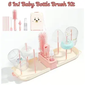 6-in-1 Baby Bottle Brush Kit – Portable Silicone Bottle Cleaner Set with Straw & Nipple Brush, Drying Rack, Soap Dispenser, Travel Bag, Baby Gift (Pink)