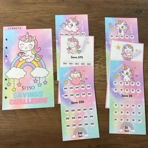 Unicorn Savings Challenge Laminated Reusable Trackers Only for A6 Planners with Dashboard Cover