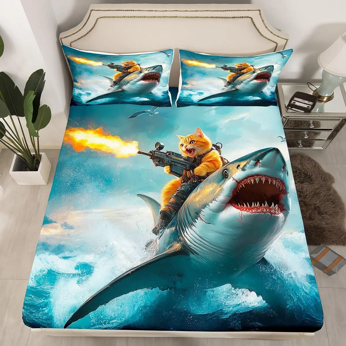 Shark Bedding Set,Cute Cat Bed Sheet Adult Bedroom Decor,Ocean Animal Fitted Sheet Marine Life Bed Set with 1