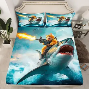 Shark Bedding Set,Cute Cat Bed Sheet Adult Bedroom Decor,Ocean Animal Fitted Sheet Marine Life Bed Set with 1