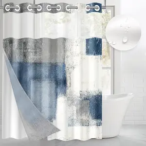 No Hook Blue Grey Painting Shower Curtain with Snap in Fabric Liner Set, Turtle Summer Underwater  Double Layers  with See Through Top Bath Curtain 71x74 Inch