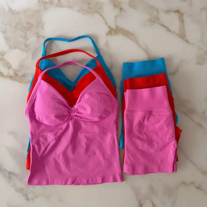 workout  women Impact Gym  2pcs Longline Strappy Top Workout Vest Scrunch Shorts Sports Halter Suit Fitness Clothes Seamless Yoga Halter  pickles and pins set eco friendly Sporty Breathable Outfits Sporty High Stretch