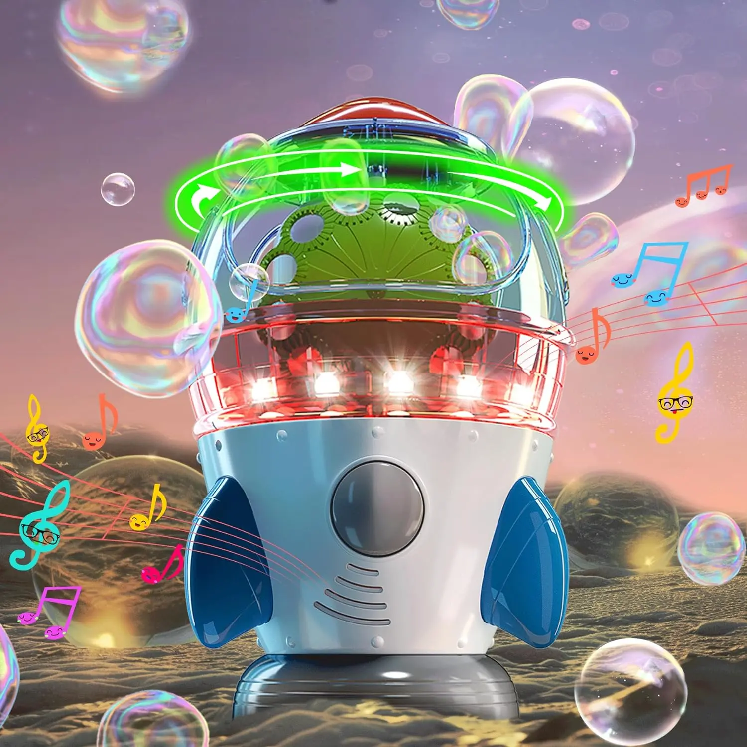 GJ 004-P  Bubble Machine for Kids with 2 Fans, Lights and Music, 360° Auto Rotatable Rocket Bubble Blower Machine for Toddlers 1-3 Bubble Maker Machine for Parties Ideal Bubble Toy Gift for Boy Girl
