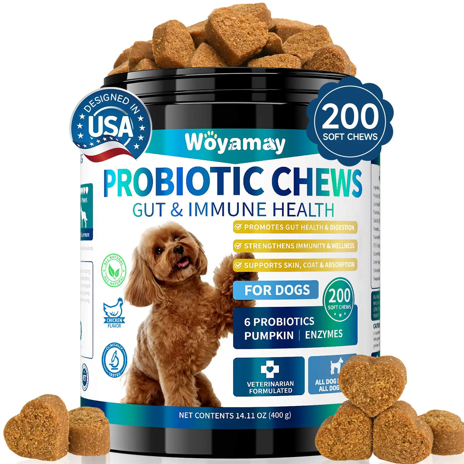 Woyamay Dog Probiotic Soft Chews, 200 Ct, Support Gut Health Itchy Skin Relief, Dog Nutrition Good for Overall Health, Natural Dog Treat Grow Appetite