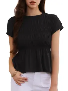 INSPIRE CHIC Summer Peplum Top Women's Smocked Cap Sleeve Crew Neck Shirred Babydoll Casual Tops