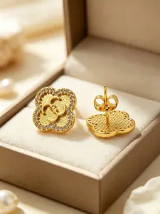 1 Pair 18K Gold Plated Four-leaf Stud Earrings for Women, Copper Base with Cubic Zirconia, Double C Logo Earrings, Hypoallergenic Jewelry for Daily Wear & Gifts