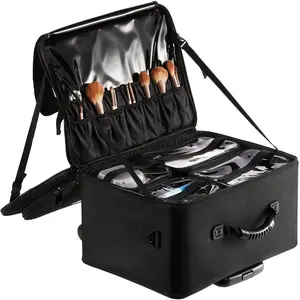 VEVOR Rolling Makeup Train Case Large Storage 3 Tiers, Convenient Carry With Handle, Wheels, Strap, Professional Makeup Storage Organizer Box Make Up Carrier Waterproof Oxford, Black