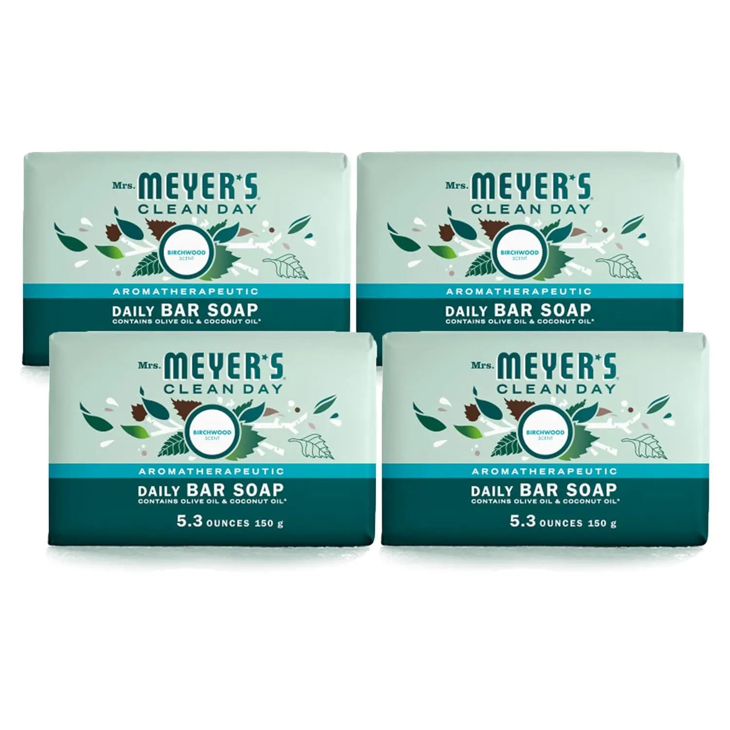 Mrs. Meyer's Clean Day Birchwood Scented Bar Soap, 5.3oz Pack of 4, Gentle Cleansing Hand & Body Wash with Essential Oils & Glycerin, Rich Lather, Long-Lasting, Aromatherapy Bath & Body Care