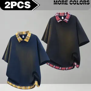 Men's fake two-piece polo shirt, featuring contrast color pattern collar and stitching design at the hem, loose and casual summer plaid collar short-sleeved T-shirt