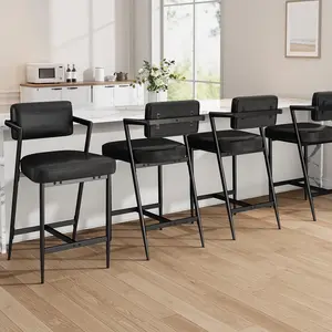 Bar Stools Set of 4 with Armrest, Upholstered Counter Height Bar Stools with w/Backrest and Footrest, 27" Tall Bar Chairs Thick Cushion & Thickened Metal Legs, for Island