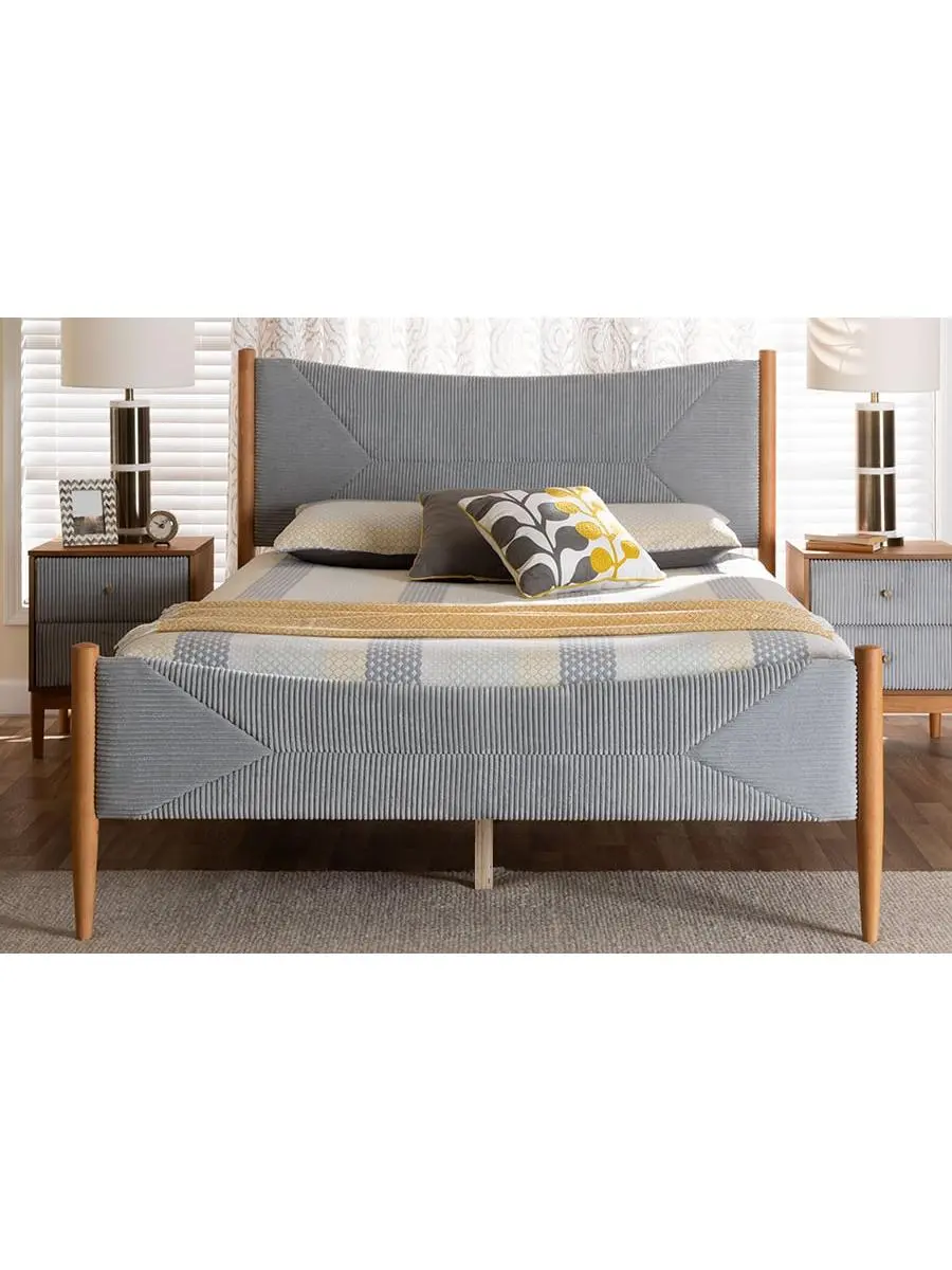 Baxton Studio Taylin Mid-Century Corduroy Upholstered Queen-Size Platform Bed Frame - Oak Brown Wood, Tufted Design, 21.90 in. Height, Tufted Beds, Corduroy Upholstered Bed