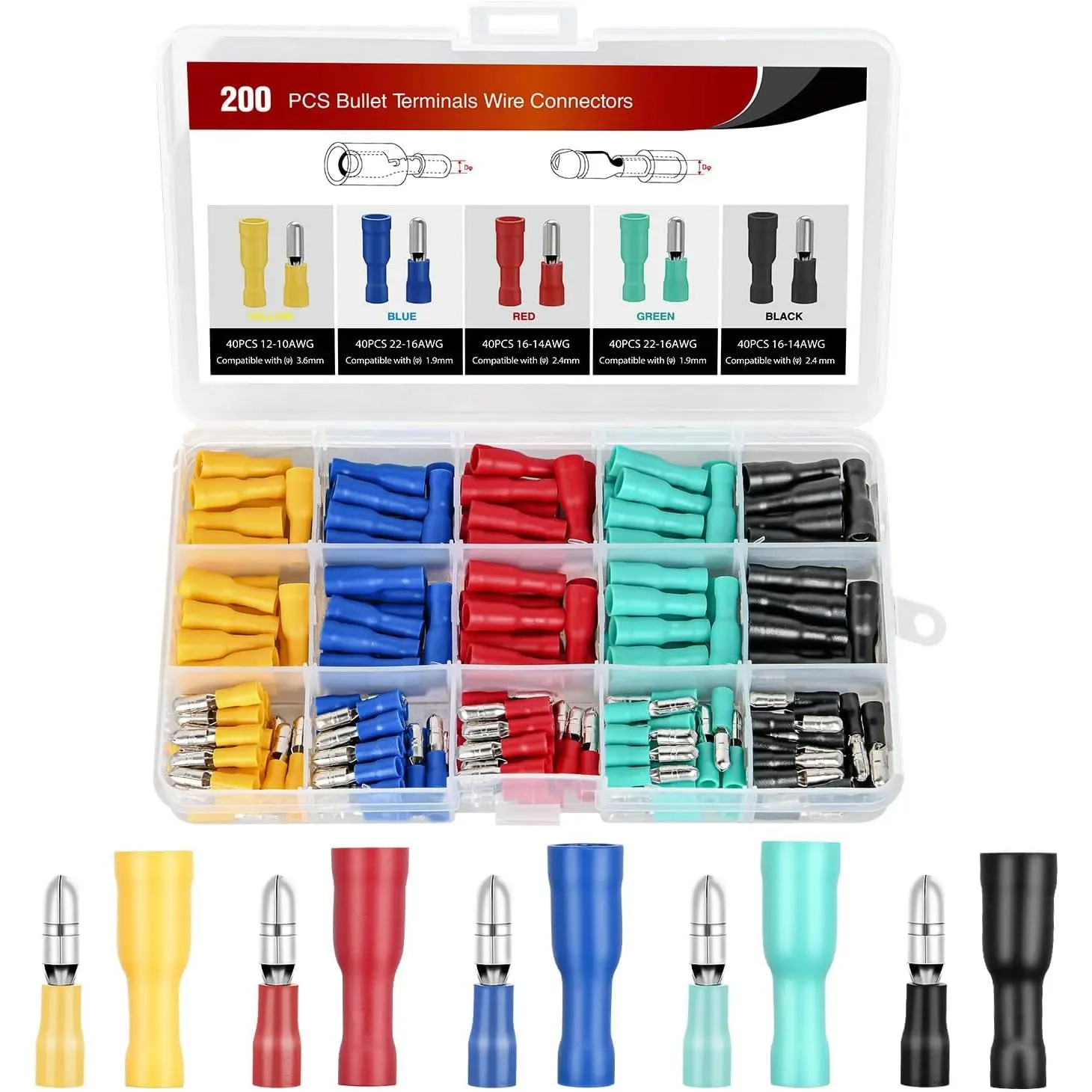 Nilight 200PCS Metal Bullet Wire Connectors Kit - 100x Female Bullet Terminals (20pcs/color), Female and Male, AWG 22-10, Insulated Waterproof Fire-Resistant, Easy-Install Automotive Wiring Kit for Vehicles, Boats (Ages 18+)