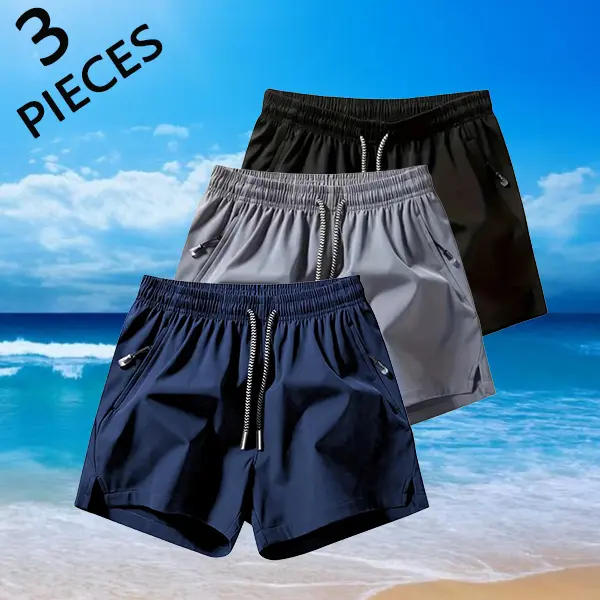 3-pack summer men’s lightweight fabric shorts: men’s drawstring shorts with zippered pockets, breathable quick-dry beach shorts, and everyday breathable shorts set. Quick-dry tropical-style swim trunks for summer—great gift for Dad.