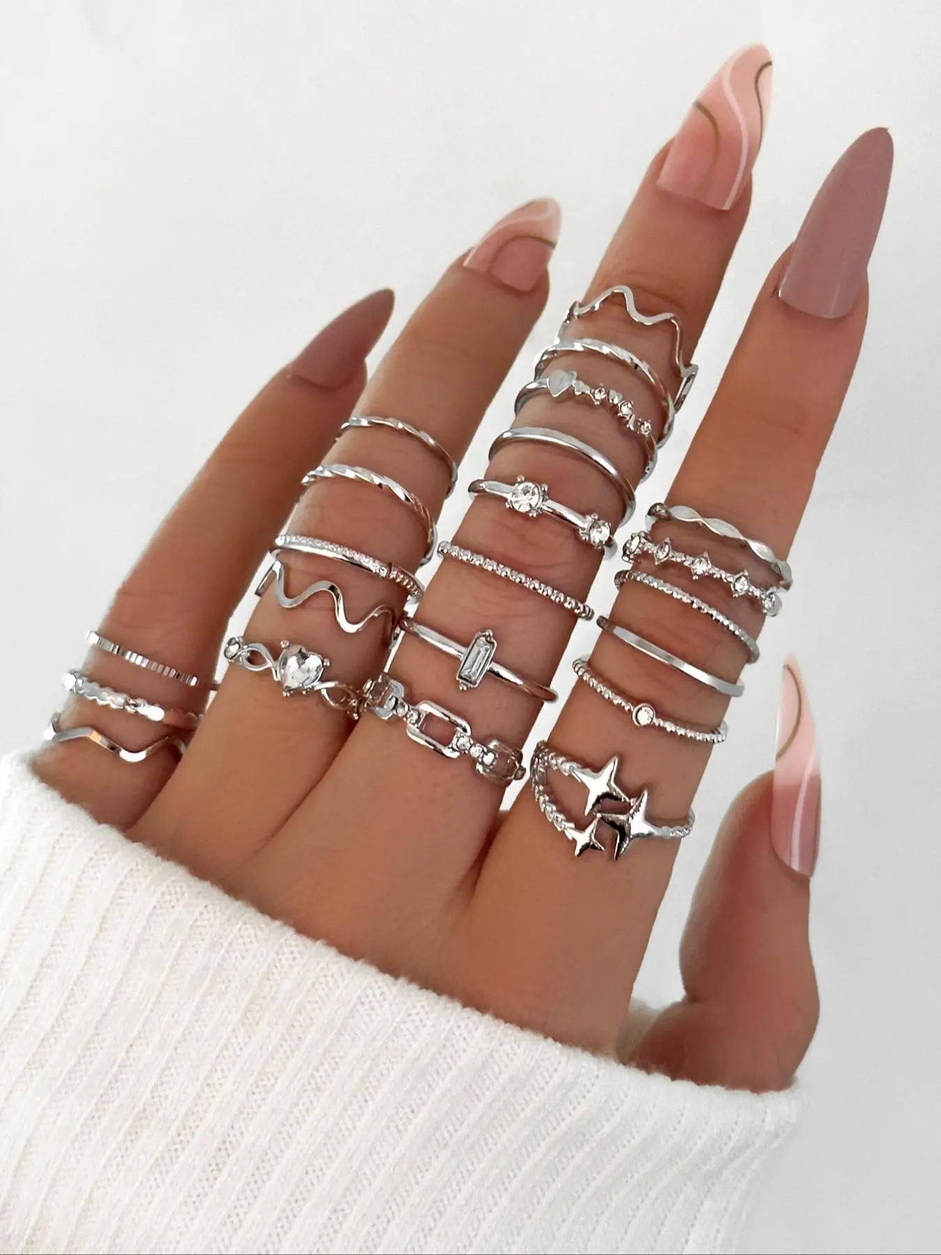 Women's Rhinestone Decorated Elegant Fashion Stacking Rings with Star & Heart Design (22pcs) Stackable Finger Rings Rhinestone Ring Set, Casual Trendy Rings for Party, Daily Clothing Decor, Trendy All-match & Exquisite Jewelry Accessory for Birthday Gift