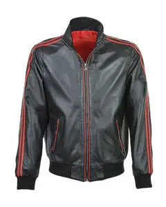 MotorCycleJackets Men's Striped Collar Leather Bomber Jacket