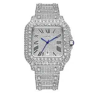 Dayand Night 2025 New Luxury Iced-Out Moissanite Roman Quartz Silver Watch, Luxurious Mineral Glass Timepiece, Unisex Men's Accessory for Business Banquets & Daily Wear, Ideal Gift