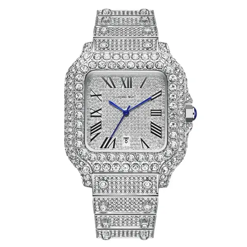Elegant Wrist Watch for Men's Accessories - 42mm Square Silver-Tone Iced-Out Bling Unisex Quartz Watch, Roman Numerals, Diamond-Styled Accents, Calendar, 30M-50M Water Resistance, Polished, Casual, Analog-Digital, for Anniversaries & Business Banquets