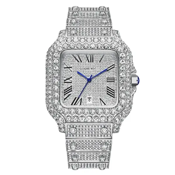 Elegant Wrist Watch for Men's Accessories - 42mm Square Silver-Tone Iced-Out Bling Unisex Quartz Watch, Roman Numerals, Diamond-Styled Accents, Calendar, 30M-50M Water Resistance, Polished, Casual, Analog-Digital, for Anniversaries & Business Banquets