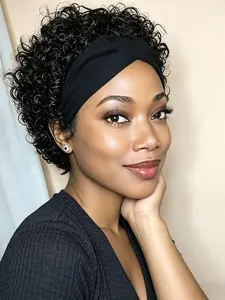 Water Wave Headband Wig, Curly Wigs Human Hair, Human Hair Short Jerry Curly Wig, Full Machine Made Natural Color, for Women Daily Party Use