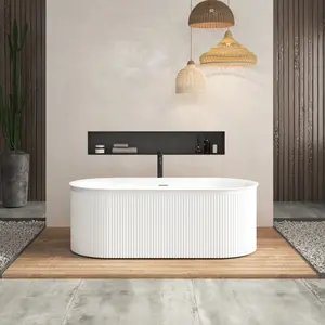 67" Acrylic Freestanding Bathtub-Acrylic Soaking Tubs, Fluted style-Gloss White Freestanding Bathtub With Integrated Slotted Overflow and Brushed Nickel Toe-tap Drain, 02149-BN   WL RR