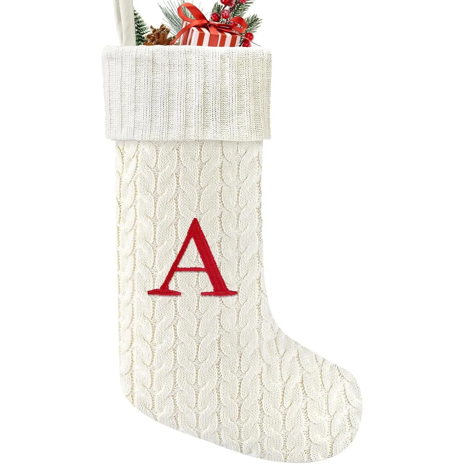 21 Inches Knitted Christmas Stockings with Initials, Large White Custom Monogram Embroidery Christmas Stockings with Letter, Personalized Xmas Decoration for Holiday Family Party-A