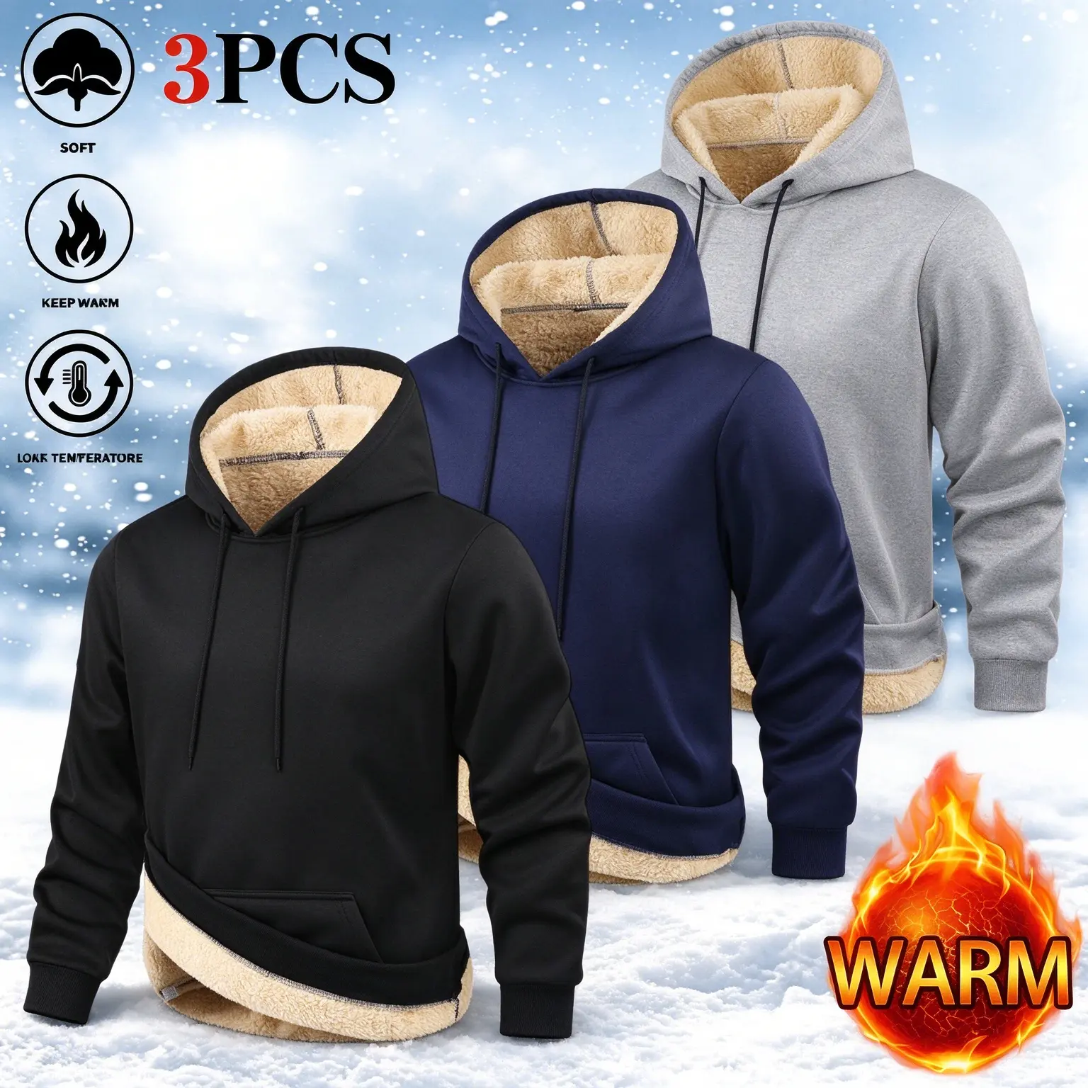 Men’s 3-pack fleece hoodies—casual, warm sweatshirts lined with fleece, locking in heat, featuring a drawstring hood and adjustable cap circumference; suitable for daily commuting and outdoor wear in cold weather.