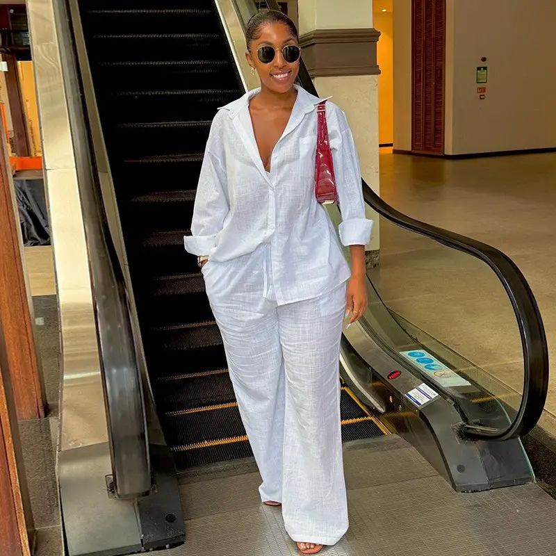 Spring and Summer clothing Solid Women Pant Sets Two Pieces Matching Set Elastic Waist Wide Leg Pants Long Sleeves Shirt Loose Elegant Casual 2025 new