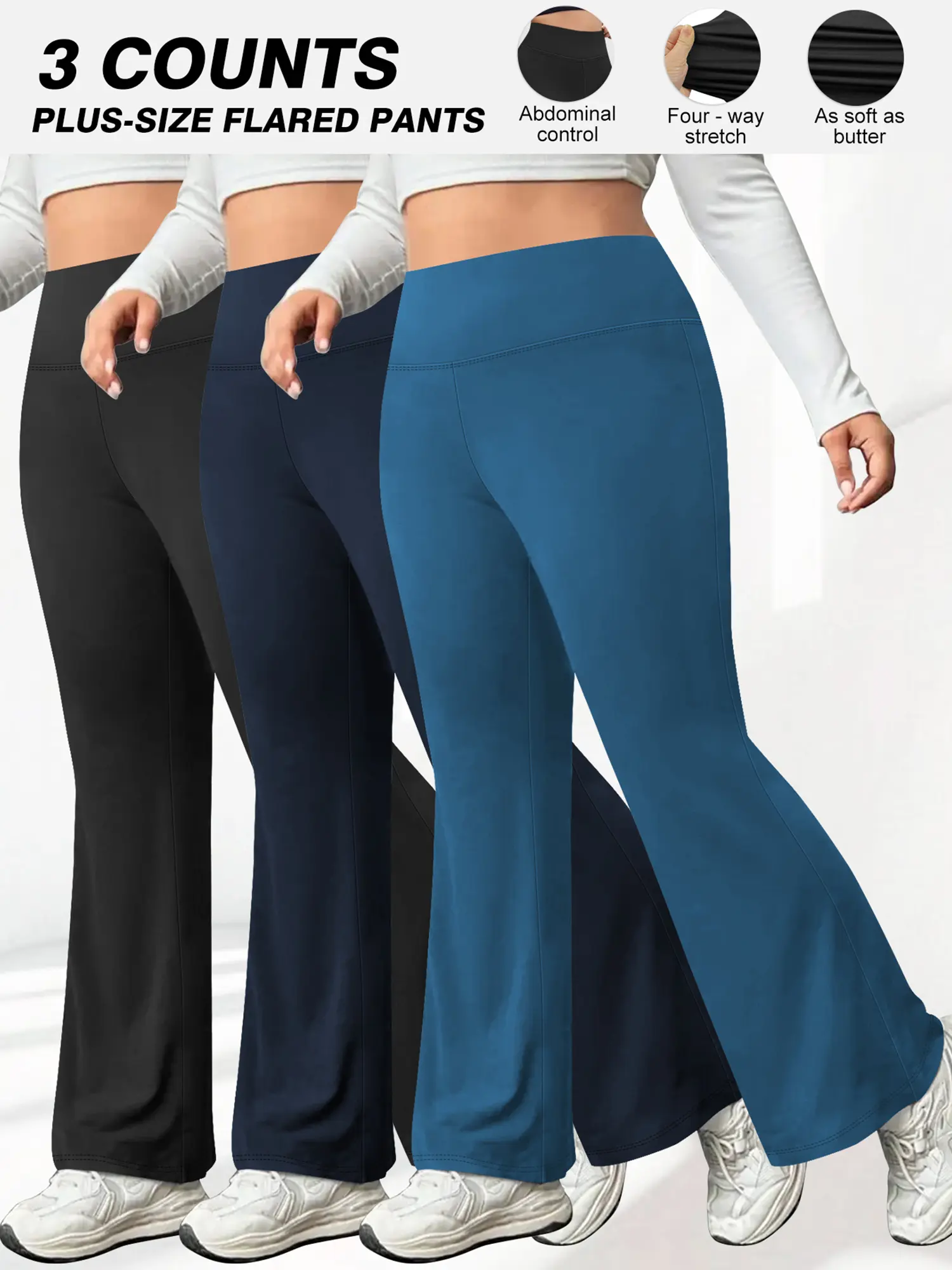 Women's Plus Size Flare Leggings, 3-Pack High-Waisted Stretchy Knit Fitness Pants with Tummy Control for Yoga, Knit Athletic Pants, Knitted Sports Pants, Polyester Fits