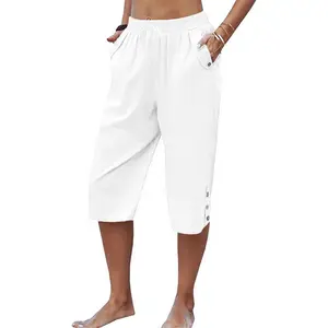 Women's Linen Blend Capri Pants, Elastic Waist Drawstring Cropped Pants with Pockets, Button Detail Loose Fit Trousers for Summer, Beach, Vacation, Daily Wear