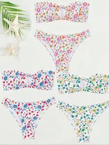 Women's 6pcs Ditsy Floral Print Bandeau Bikini Set, Wireless Cut Out Twist Design Tube Bra & High Cut Panty Bikini Set, Fashion Chic Ladies Bathing Suit for Summer Beach Swimming