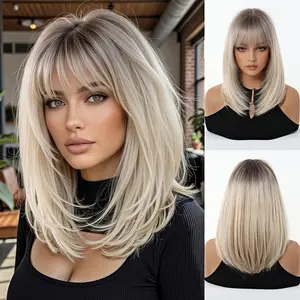 wig fashion Fashionable Gray-Gold Gradient Bangs Wig 14-Inch Daily Synthetic Fiber Wig