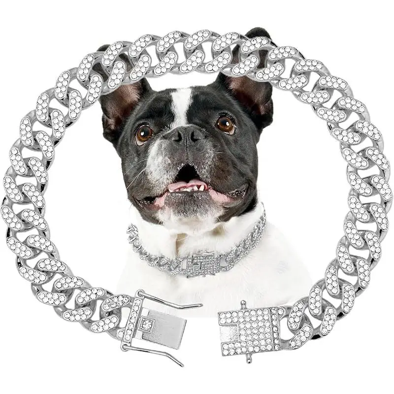 Silver Dog Chain Collar, 13mm Wide Diamond Cuban Link Necklace, Crystal Metal Collar for Large, Medium & Small Dogs & Cats Pet Products