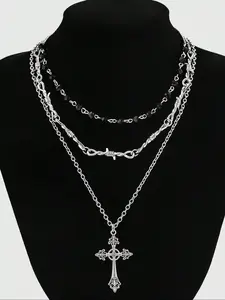 Gothic Punk Cross Pendant Necklace Set, Cross Necklaces, Vintage Beaded Thorn Chain Jewelry for Women, Halloween Party Accessories