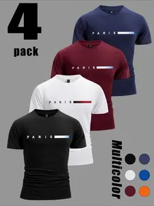 4 Pieces Men's Casual Athletic T-Shirt Bundle, Breathable Fast Dry Short Sleeve Training Top, Ideal for Gym and Outdoor Sports, Sports Slim Fit