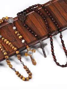 Vintage Wooden Beaded Rosary Necklace, Cross Pendant Necklace for Men & Women, Fashion Jewelry for Party, Daily Decor, Trendy All-match & Exquisite Jewelry for Birthday Gift