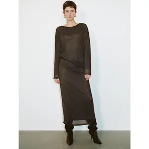 URBAN REVIVO 2026 Spring Women's Minimalist Textured Mesh Midi Skirt - Polyester Knitted Basic Bottoms Clothes, 83-86cm Multi-Size Adaptable-Fit, UWG950073